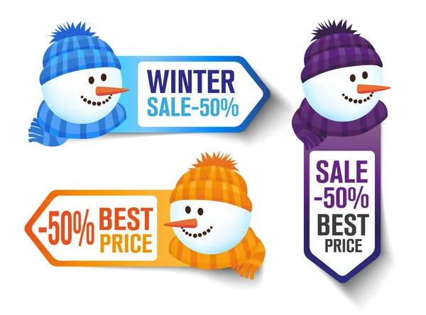 Etiquetas de ventas de invierno con un muñeco de nieve — Vector de stock