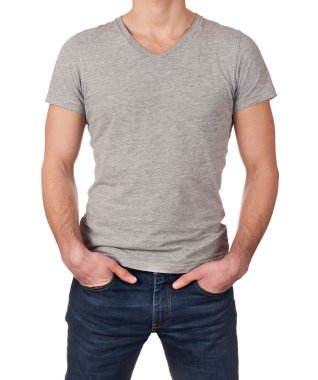 izole kopya alanı ile beyaz arka plan üzerinde genç bir adam üzerinde gri t-shirt