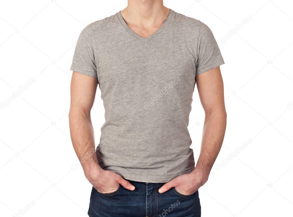 young man wearing blank gray t-shirt isolated on white background