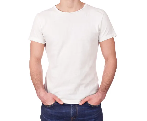 Jovem vestindo branco branco t-shirt isolado no fundo branco — Fotografia de Stock