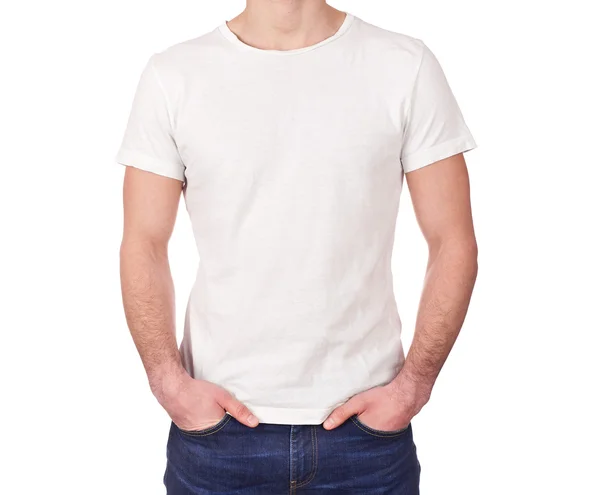 Junger Mann trägt leeres weißes T-Shirt auf weißem Hintergrund Stockbild