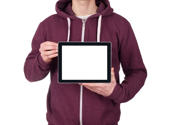 Jonge man houden lege digitale tablet. uitknippad voor het scherm — Stockfoto