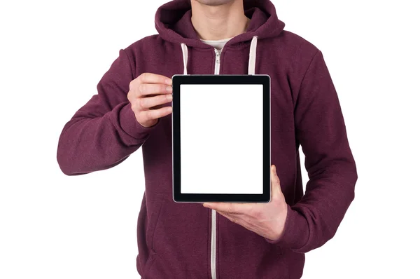 Joven sosteniendo tableta digital en blanco —  Fotos de Stock