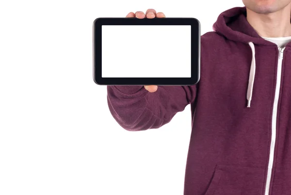 Junger Mann mit leerem digitalem Tablet. Clipping-Pfad für den Bildschirm Stockbild