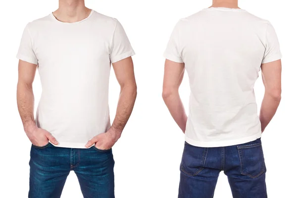 Vorder- und Rückansicht eines jungen Mannes mit weißem T-Shirt auf weißem Hintergrund — Stockfoto