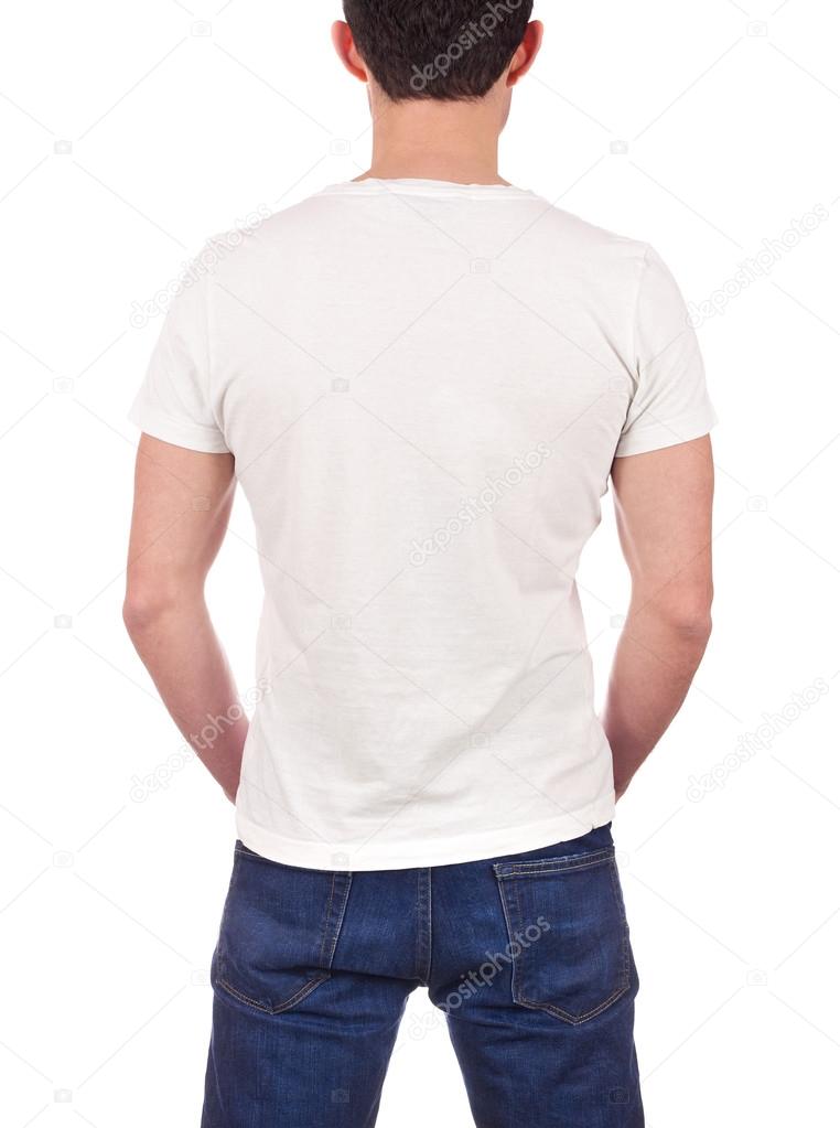 back view of young man wearing blank white t-shirt isolated on white background