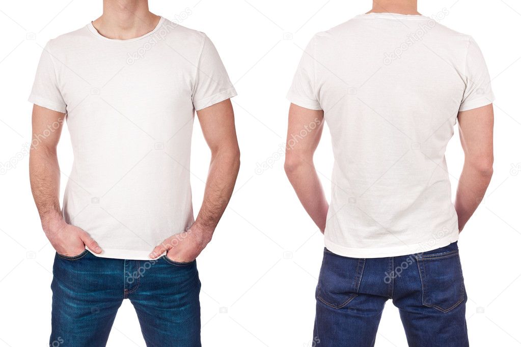 Front and back view of young man wearing blank white t-shirt isolated ...