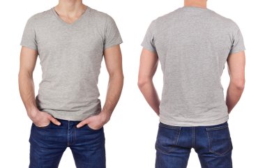 Front and back view of young man wearing blank gray t-shirt isolated on white background clipart