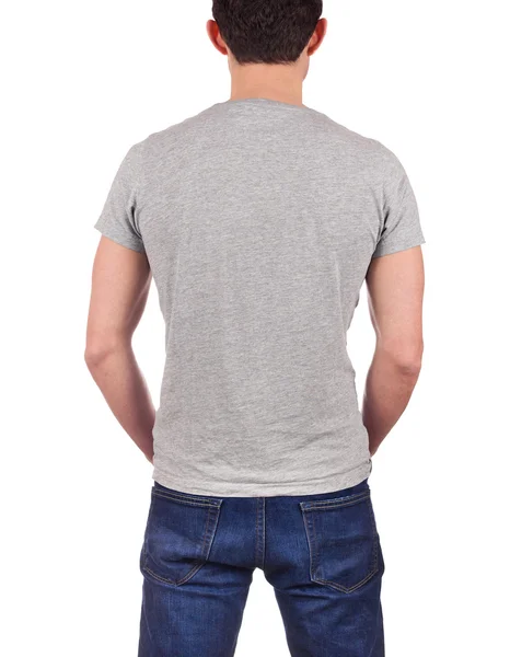 Vista posterior del joven con camiseta gris en blanco aislada sobre fondo blanco — Foto de Stock