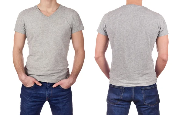 Vorder- und Rückseite eines jungen Mannes, der ein leeres graues T-Shirt auf weißem Hintergrund trägt — Stockfoto