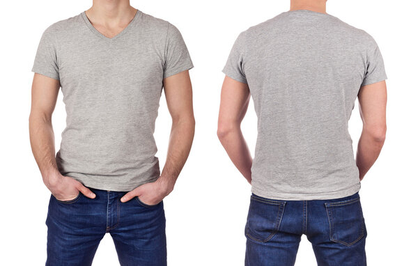 Front and back view of young man wearing blank gray t-shirt isolated on white background