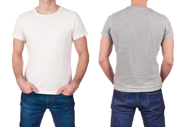 Vorder- und Rückansicht eines jungen Mannes mit weißem und grauem T-Shirt auf weißem Hintergrund — Stockfoto