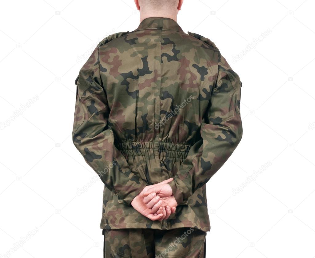 back view of soldier isolated on white background