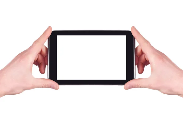 Manos que sostienen la tableta digital en blanco con espacio de copia y ruta de recorte para la pantalla —  Fotos de Stock