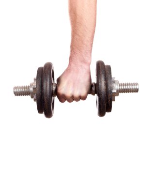 adam ağırlık beyaz zemin üzerine izole tutarak yakın çekim