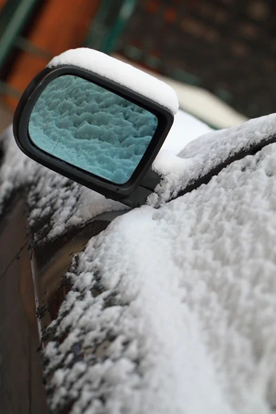 Snowy car from the mirror — Stock Photo, Image
