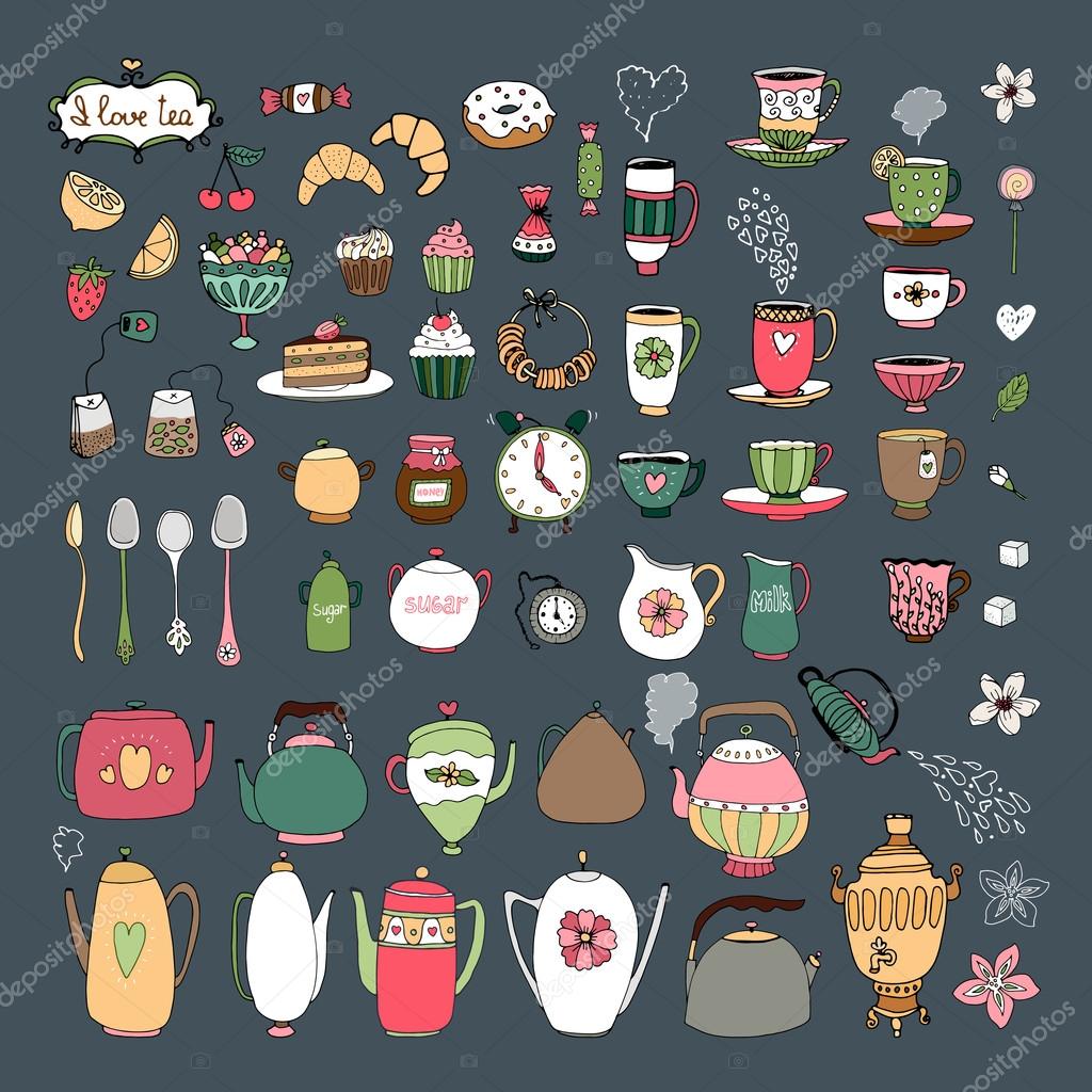 Large set of teacups teapots pastries and sweets Stock Vector Image by