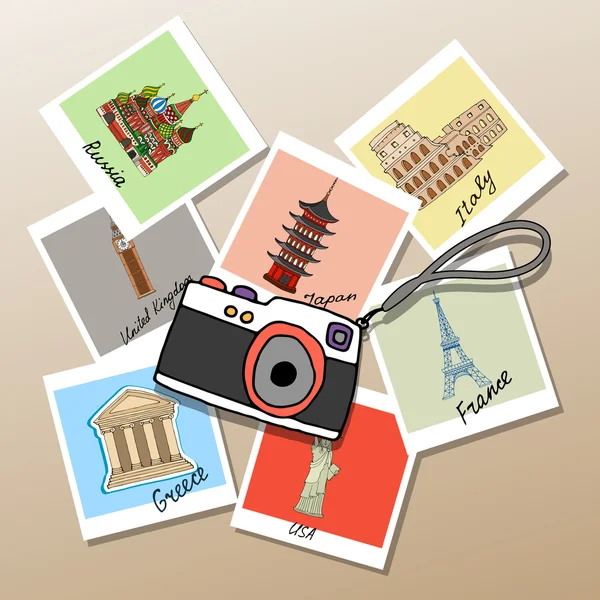 Camera with photographs of global landmarks