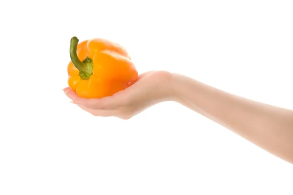 Woman's hands with orange pepper — Stock Photo, Image