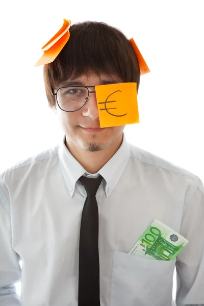Koncepty peněz (obchodník s dvěma bankovky v jeho kapse) — Stock fotografie