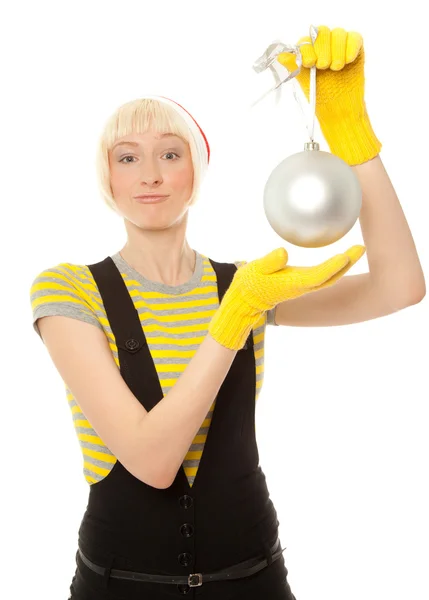 Woman holding a new year toy — Stock Photo, Image