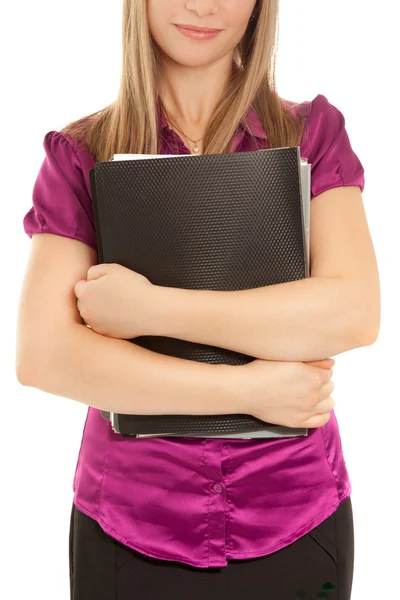 Businesswoman holding a black folder — Stock Photo, Image