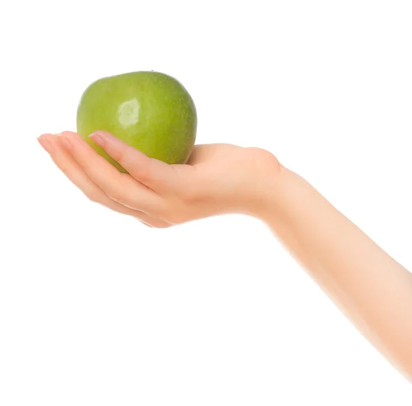 Woman's hands holding green apple isolated — Stock Photo, Image