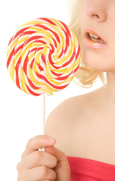Färgglada kvinnas läppar och lollipop isolerad på vit — Stockfoto
