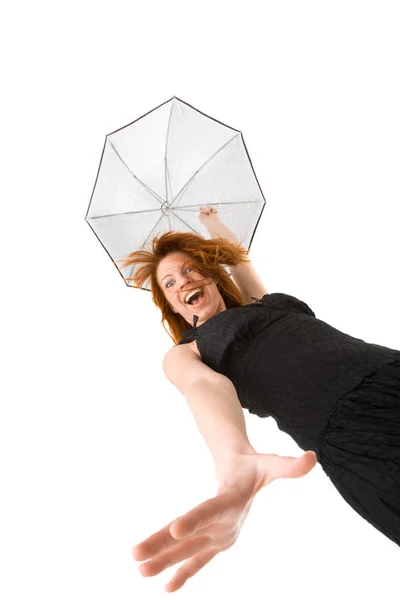 Happy red haired woman with umbrella — Stock Photo, Image