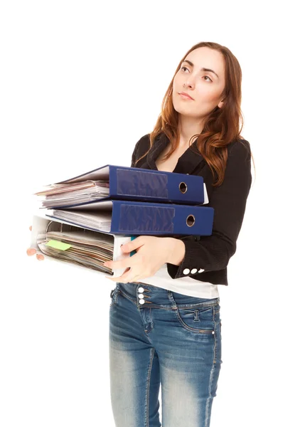 Tired woman with folders — Stock Photo, Image