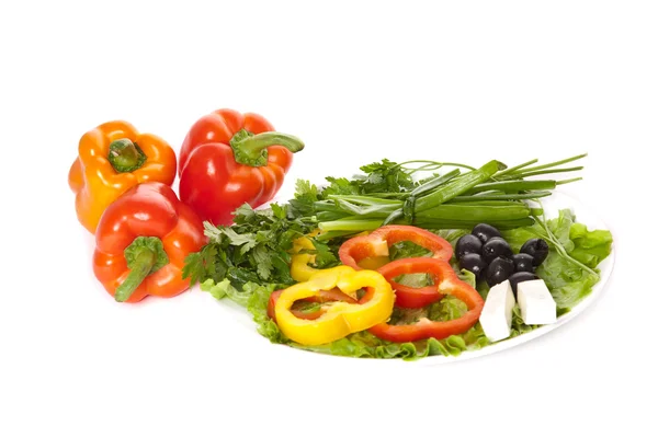 A plate of pepper, onion, feta, lettuce — Stock Photo, Image