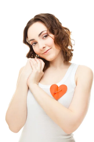 Donna con un cuore appuntato — Foto Stock