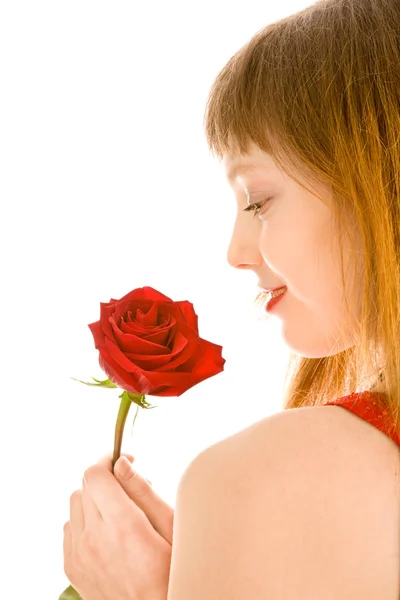 Attraente giovane donna con rosa rossa — Foto Stock