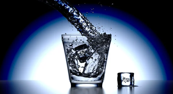 Pouring water on glass and ice cube on background — Stock Photo, Image