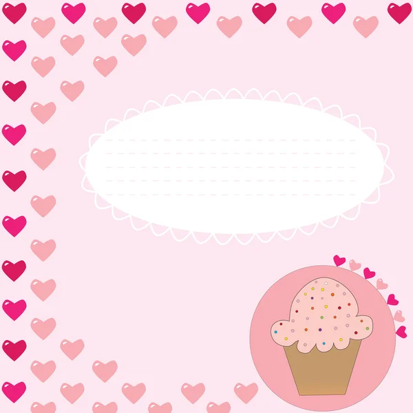 Tarjeta de cupcake con corazones en el fondo rosa — Vector de stock