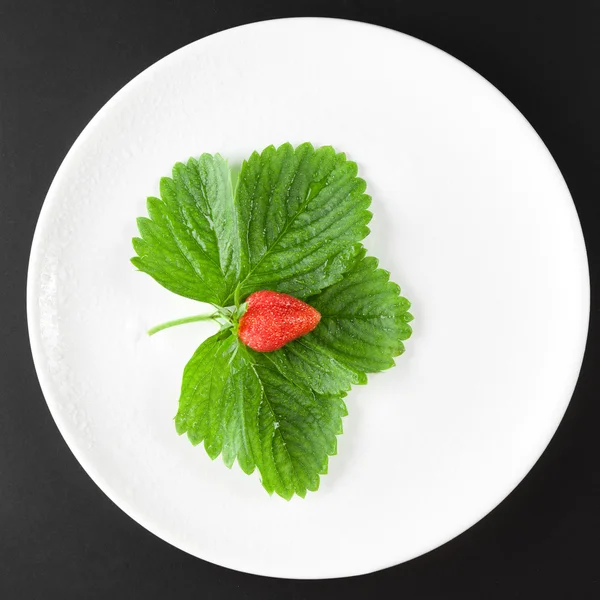 Strawberry with leaves on the white plate — Stock Photo, Image