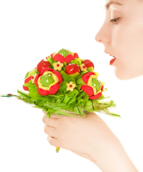 Mujer con flor dulce aislada en blanco —  Fotos de Stock