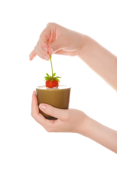 Sour cream dipped strawberry on the cup — Stock Photo, Image