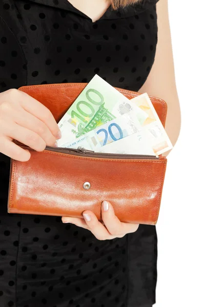 Woman's hands with purse and money — Stock Photo, Image