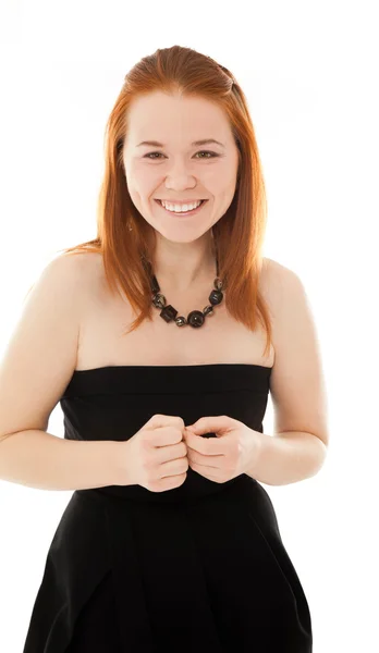 Beautiful woman in black dress isolated — Stock Photo, Image