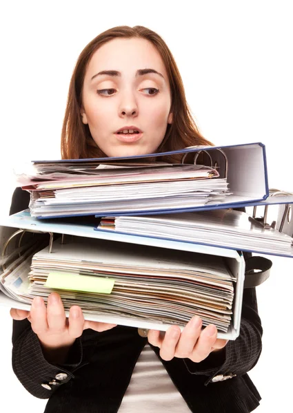 Young secretary in stressed with a ton of documents — Stock Photo, Image