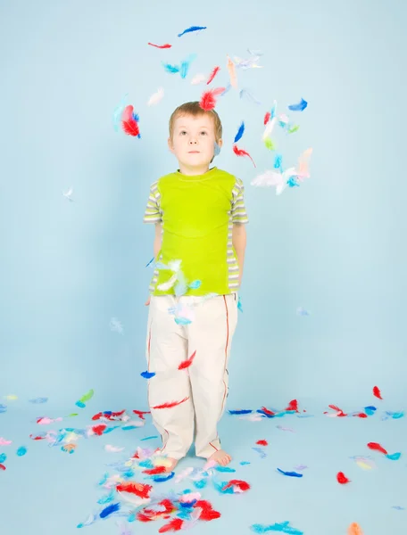 Boy playing with a lot of feathers — Stock Photo, Image
