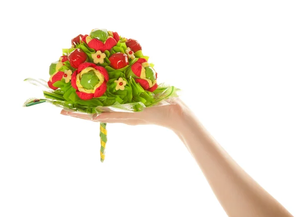 Woman's hands with sweet flower isolated on white — Stock Photo, Image