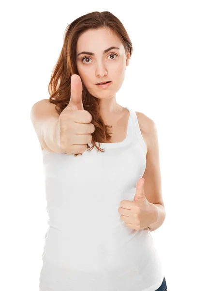 Close-up of young woman showing thumbs up (focus on face) Stock Image