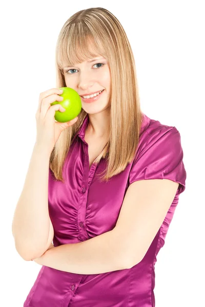 Beautiful woman with apple smiling isolated on white Stock Picture