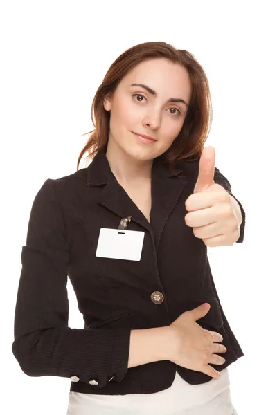 Young woman with badge (focus on hand) — Stock Photo, Image