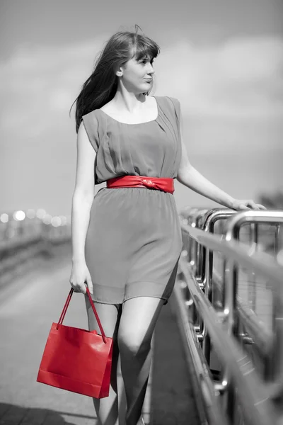 Beautiful woman in dress with red shopping bag and belt walking