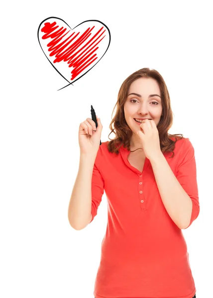 Woman with heart shaped drawing — Stock Photo, Image