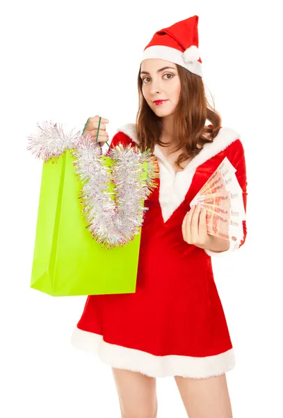 Beautiful woman in red new year costume with a lot of rubles — Stock Photo, Image