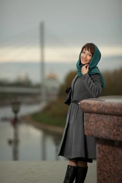 Beautiful stylish woman in grey coat outdoors — Stock Photo, Image